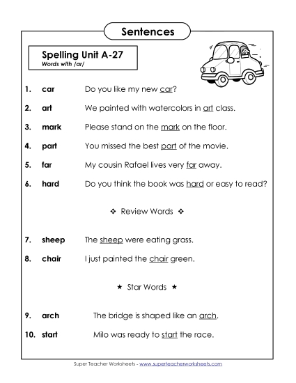 Spelling Test - Spelling Test Sentences (A-27) (Printable PDF Worksheet)