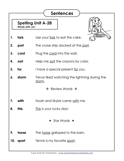 Spelling Test - Spelling Test Sentences (A-28) (Printable PDF Worksheet)