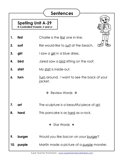 Spelling Test - Spelling Test Sentences (A-29) (Printable PDF Worksheet)