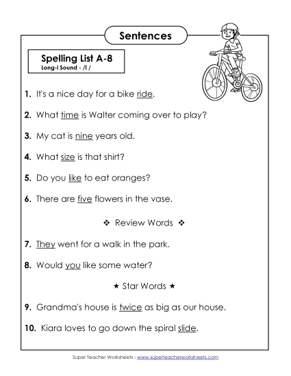 Spelling Test - Spelling Test Sentences (A-8)  (Printable PDF Worksheet)