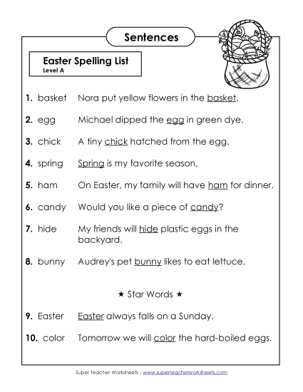 Spelling Test - Spelling Test Sentences (A-Easter)  (Printable PDF Worksheet)