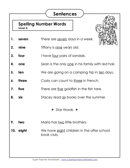 Spelling Test - Spelling Test Sentences (A-Number Words)  (Printable PDF Worksheet)