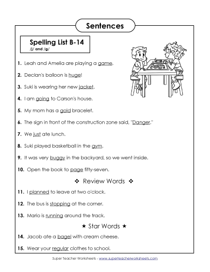 Spelling Test - Spelling Test Sentences (B-14) (Printable PDF Worksheet)