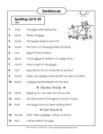 Spelling Test - Spelling Test Sentences (B-20) (Printable PDF Worksheet)