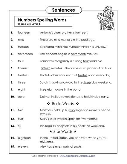Spelling Test - Spelling Test Sentences (B-Number Words)  (Printable PDF Worksheet)