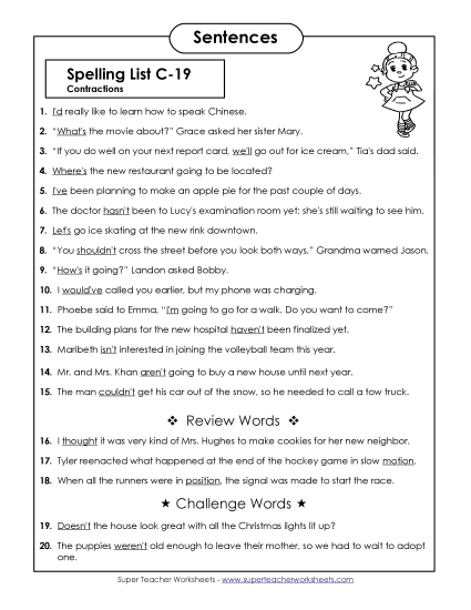 Spelling Test - Spelling Test Sentences (C-19) (Printable PDF Worksheet)