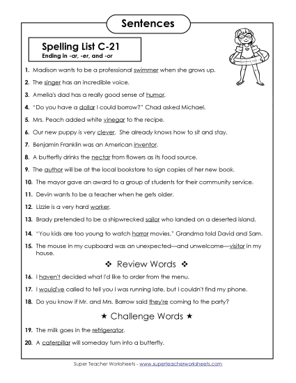 Spelling Test - Spelling Test Sentences (C-21) (Printable PDF Worksheet)