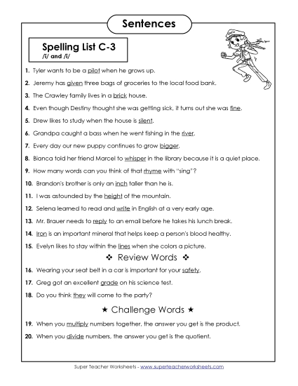 Spelling Test - Spelling Test Sentences (C-3) (Printable PDF Worksheet)