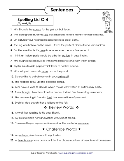 Spelling Test - Spelling Test Sentences (C-4) (Printable PDF Worksheet)