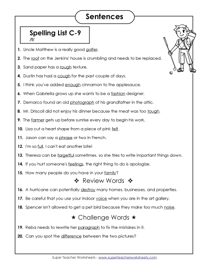 Spelling Test - Spelling Test Sentences (C-9)  (Printable PDF Worksheet)
