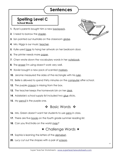 Spelling Test - Spelling Test Sentences (C-School Words)  (Printable PDF Worksheet)