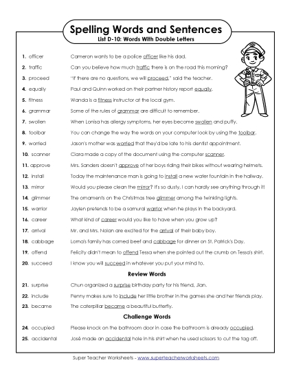 Spelling Test - Spelling Test Sentences (D-10) (Printable PDF Worksheet)