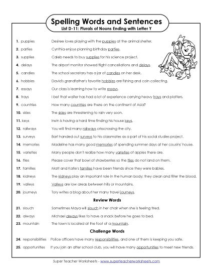 Spelling Test - Spelling Test Sentences (D-11) (Printable PDF Worksheet)