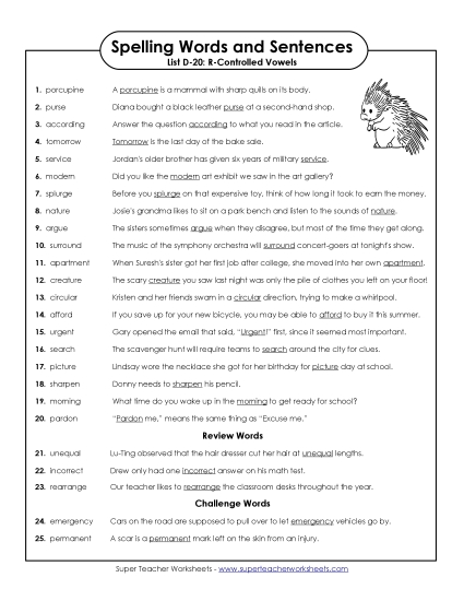 Spelling Test - Spelling Test Sentences (D-20) (Printable PDF Worksheet)