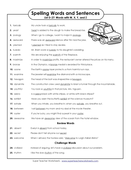 Spelling Test - Spelling Test Sentences (D-27) (Printable PDF Worksheet)