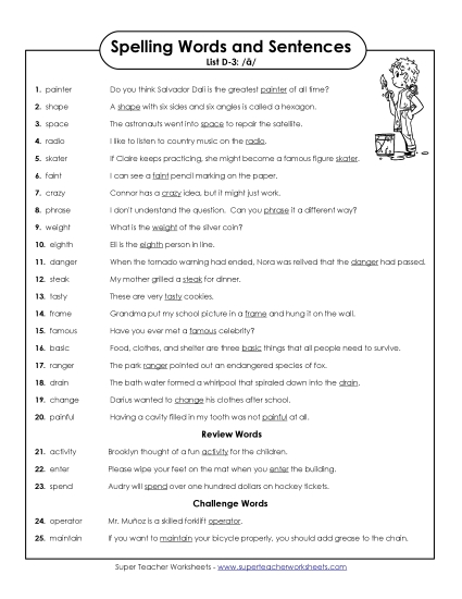 Spelling Test - Spelling Test Sentences (D-3) (Printable PDF Worksheet)