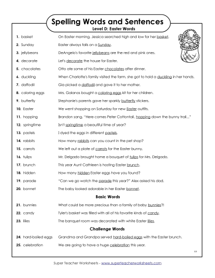 Spelling Test - Spelling Test Sentences (D-Easter)  (Printable PDF Worksheet)