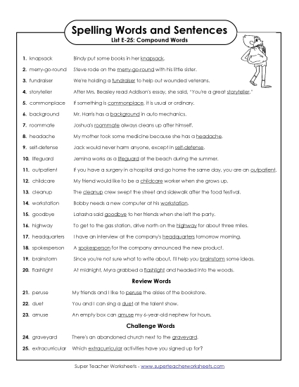 Spelling Test - Spelling Test Sentences (E-25) (Printable PDF Worksheet)
