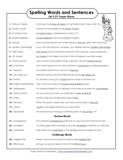 Spelling Test - Spelling Test Sentences (E-27)  (Printable PDF Worksheet)