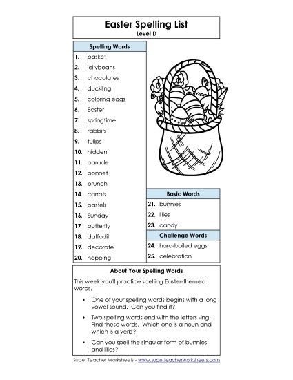 Spelling List - Spelling Word List Easter (D-Easter)  (Printable PDF Worksheet)