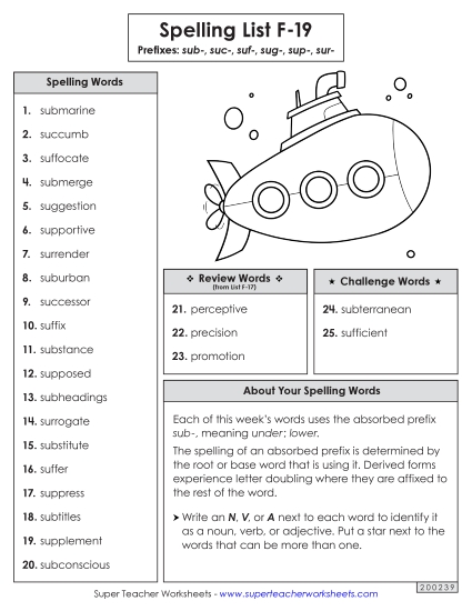 Spelling List - Spelling Word List (F-19) (Printable PDF Worksheet)