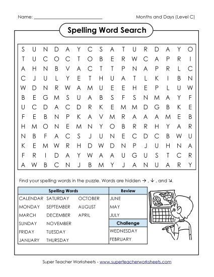 Worksheets and Activities - Spelling Word Search (C-Months and Days)  (Printable PDF Worksheet)