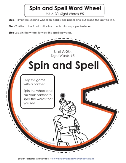 Flashcards, Word Wheel, and Slider - Spin-and-Spell (A-30) (Printable PDF Worksheet)