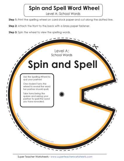Flashcards, Word Wheel, and Slider - Spin and Spell (A-School Words) (Printable PDF Worksheet)