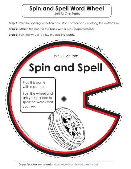 Flashcards, Word Wheel, and Slider - Spin and Spell (B-Car Parts)  (Printable PDF Worksheet)