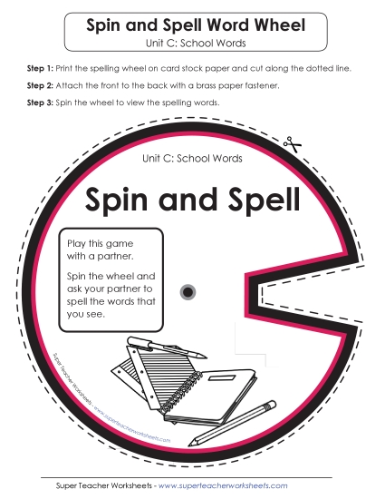 Flashcards and Word Wheel - Spin and Spell (C-School Words)  (Printable PDF Worksheet)