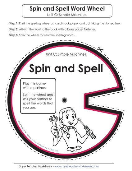 Flashcards and Word Wheel - Spin and Spell (C-Simple Machines Words) (Printable PDF Worksheet)
