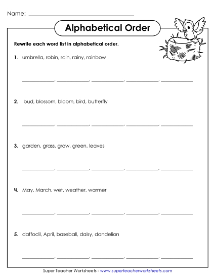 ABC Order - Spring ABC Order (Intermediate) (Printable PDF Worksheet)