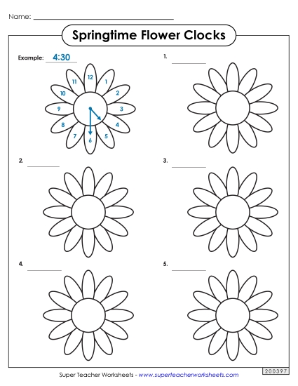 Reading Clocks: Nearest Half Hour - Springtime Flower Clocks (Printable PDF Worksheet)