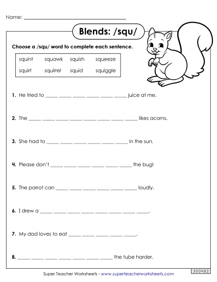 Worksheets - Squ- Sentences (Printable PDF Worksheet)