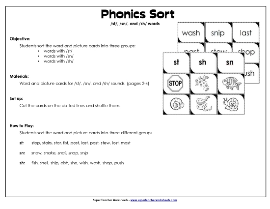 Games & Learning Centers - ST, SN, and SH Sorting Cards (Printable PDF Worksheet)