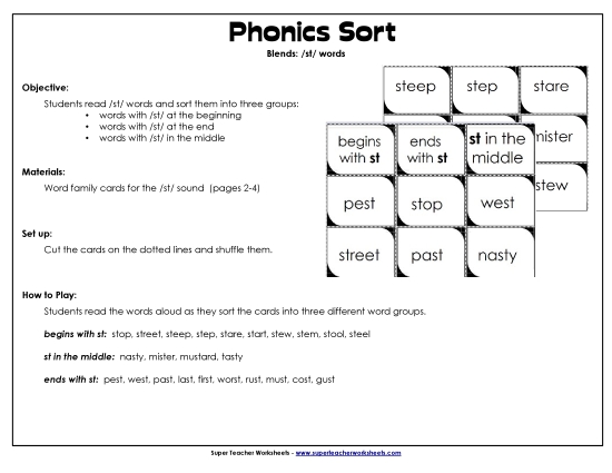 Games & Learning Centers - ST Sorting Cards (Printable PDF Worksheet)