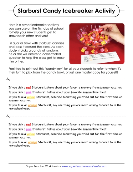 Back-to-School Activities - Starburst Candy Icebreaker Activity (Printable PDF Worksheet)