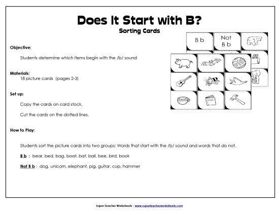 Card Games & Sorts - Starts With B - Sort (Printable PDF Worksheet)