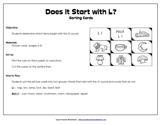 Card Games & Sorts - Starts With L - Sort (Printable PDF Worksheet)