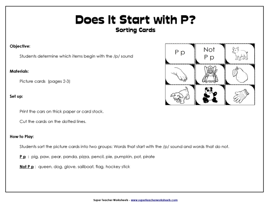 Card Games & Sorts - Starts With P - Sort (Printable PDF Worksheet)