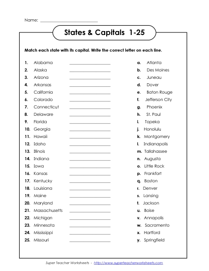 States & Capitals - States & Capitals #1 - 25 (Printable PDF Worksheet)
