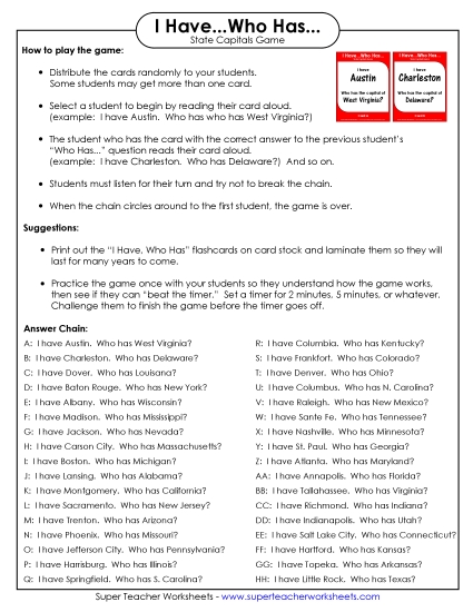 Social Studies - States and Capitals (Printable PDF Worksheet)