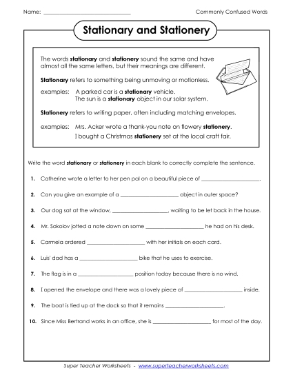 Stationary and Stationery  (Printable PDF Worksheet)