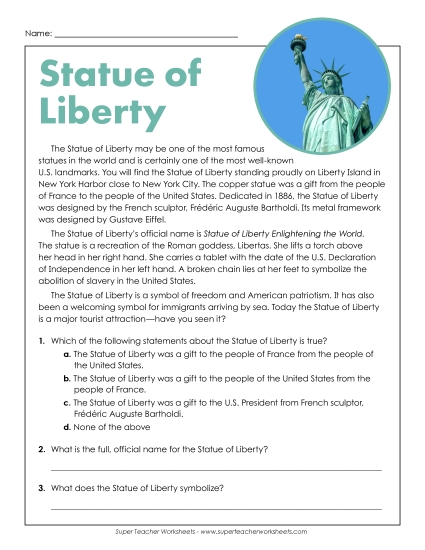 Non-Fiction - Statue of Liberty (Printable PDF Worksheet)