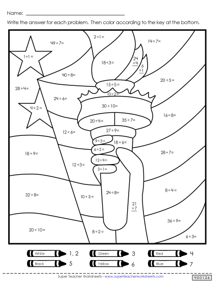 Basic Division - Statue of Liberty Mystery Picture (Division) (Printable PDF Worksheet)
