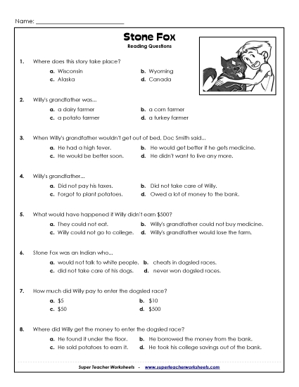Whole Book - Stone Fox Comprehension Questions (Printable PDF Worksheet)
