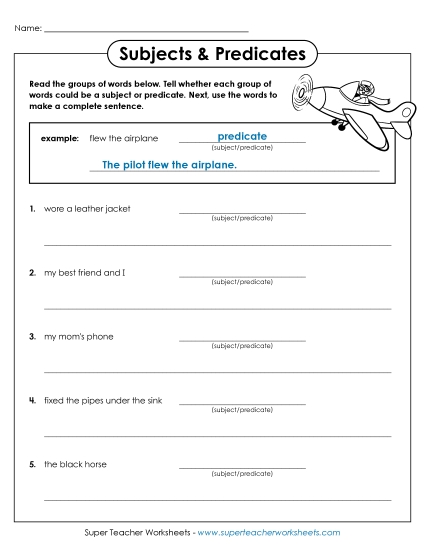 Subjects & Predicates - Subject and Predicate Worksheet E (Printable PDF Worksheet)