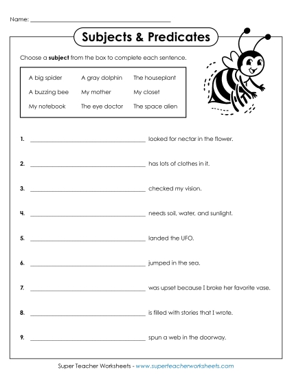 Subjects & Predicates - Subject Predicate (Easy) (Printable PDF Worksheet)