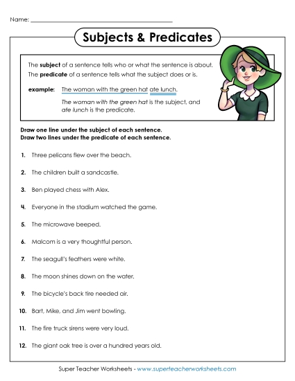 Subjects & Predicates - Subjects and Predicates Worksheet A (Printable PDF Worksheet)