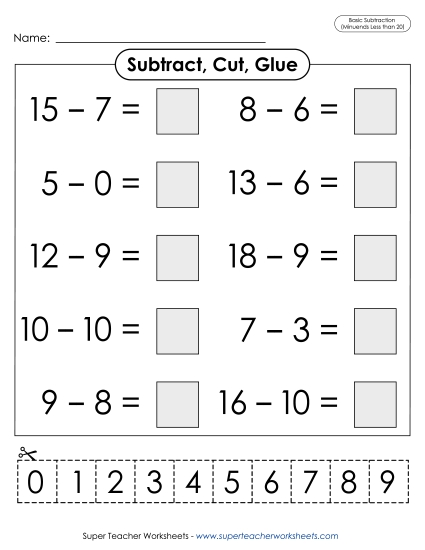 Cut-and-Glue Worksheets - Subtract, Cut, Glue (Printable PDF Worksheet)
